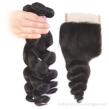 loose wave peruvian hair with closure, cuticle aligned hair, human hair weave three bundles and closures